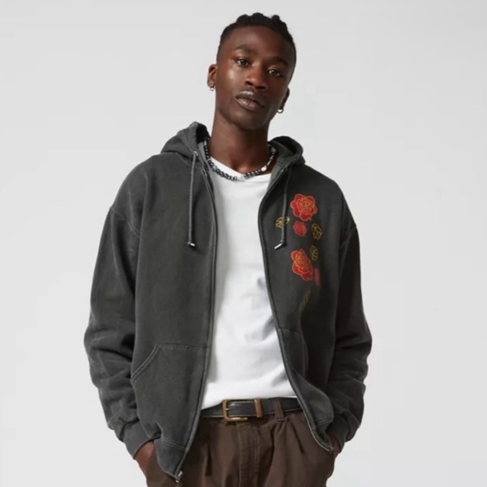 2Pac Tupac Rose Graphic Oversized Unisex Zip Hoodie Washed Black Streetwear Sz L - Picture 2 of 10